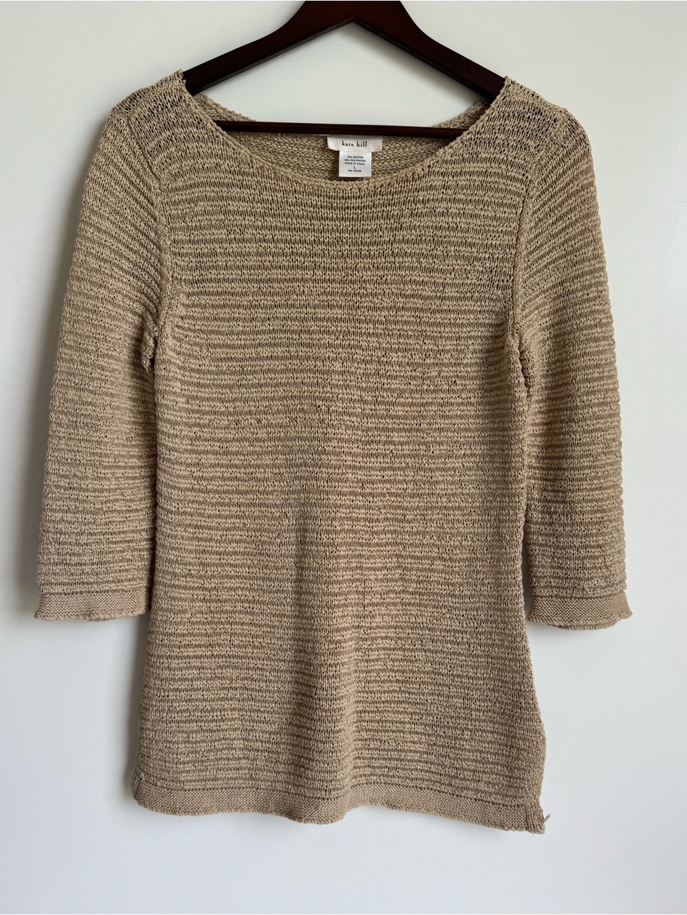 Kate‎ Hill Open Knit Large 3/4 sleeve Sweater tan coastal nautical raw edge boho